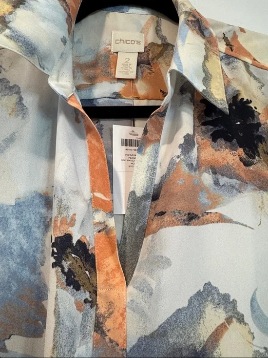 NWT Chico's Indigo Bloom Peasant Floral Tie-Front Blouse Sz 2 (Large) - Picture 3 of 8